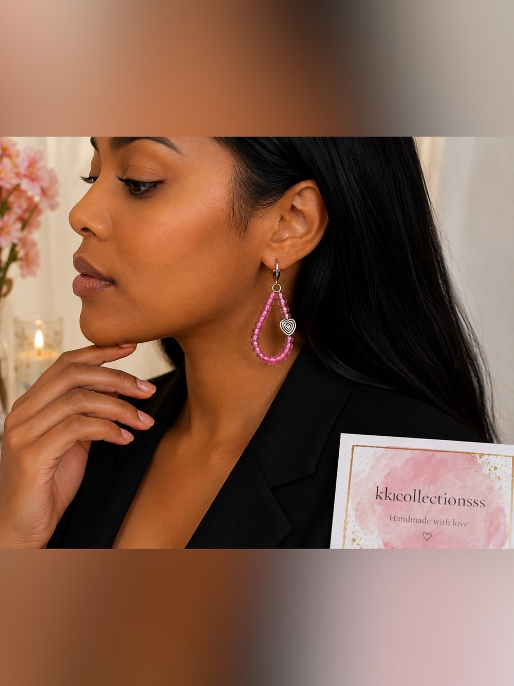 Pink Beaded Heart Earrings